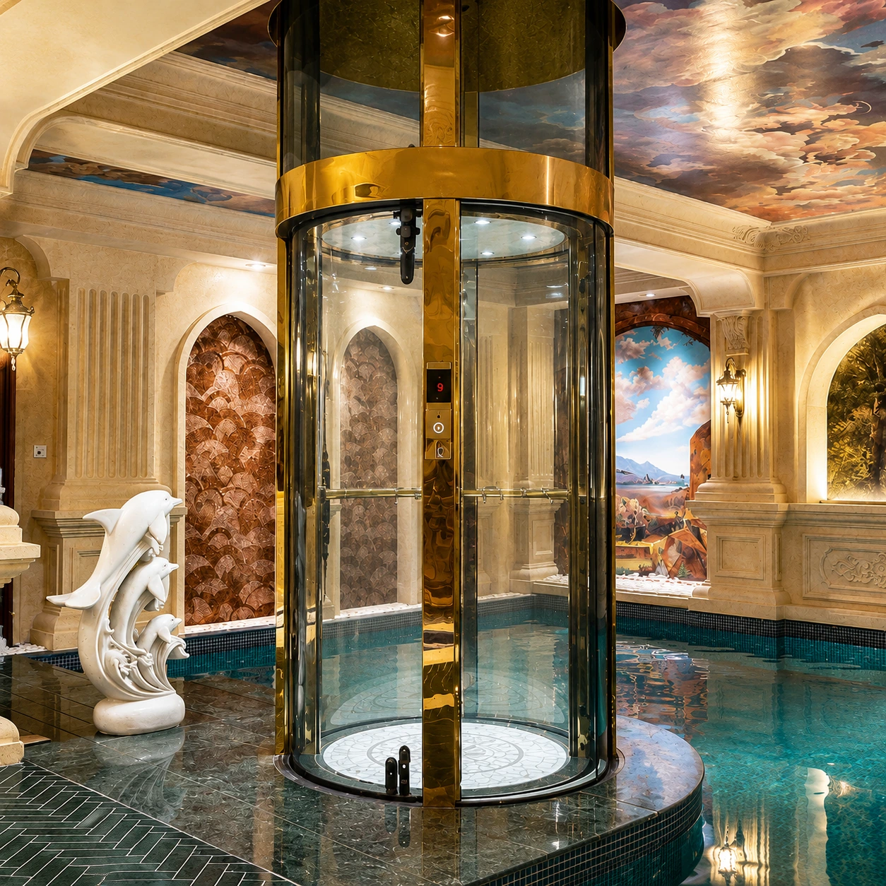 Панорамный лифт M-SYSTEM рядом с бассейном в интерьере
